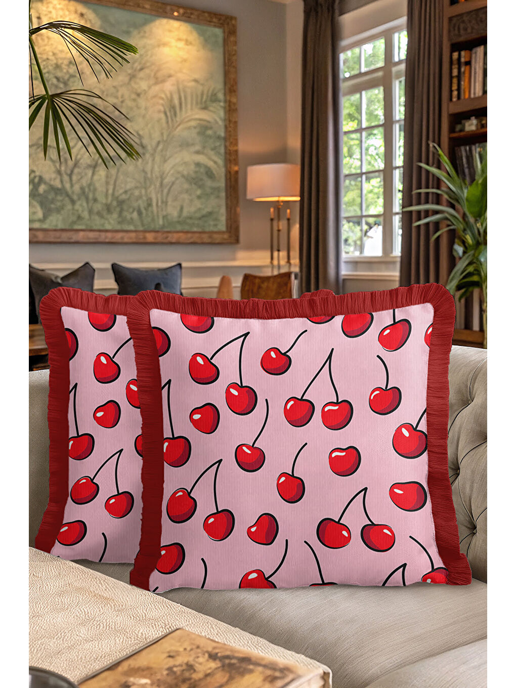 Karışık Pop Art Kiraz Saçaklı Yastık Kılıfı - Canlı Retro Pembe Kırmızı Püsküllü Kırlent Kılıfı-7