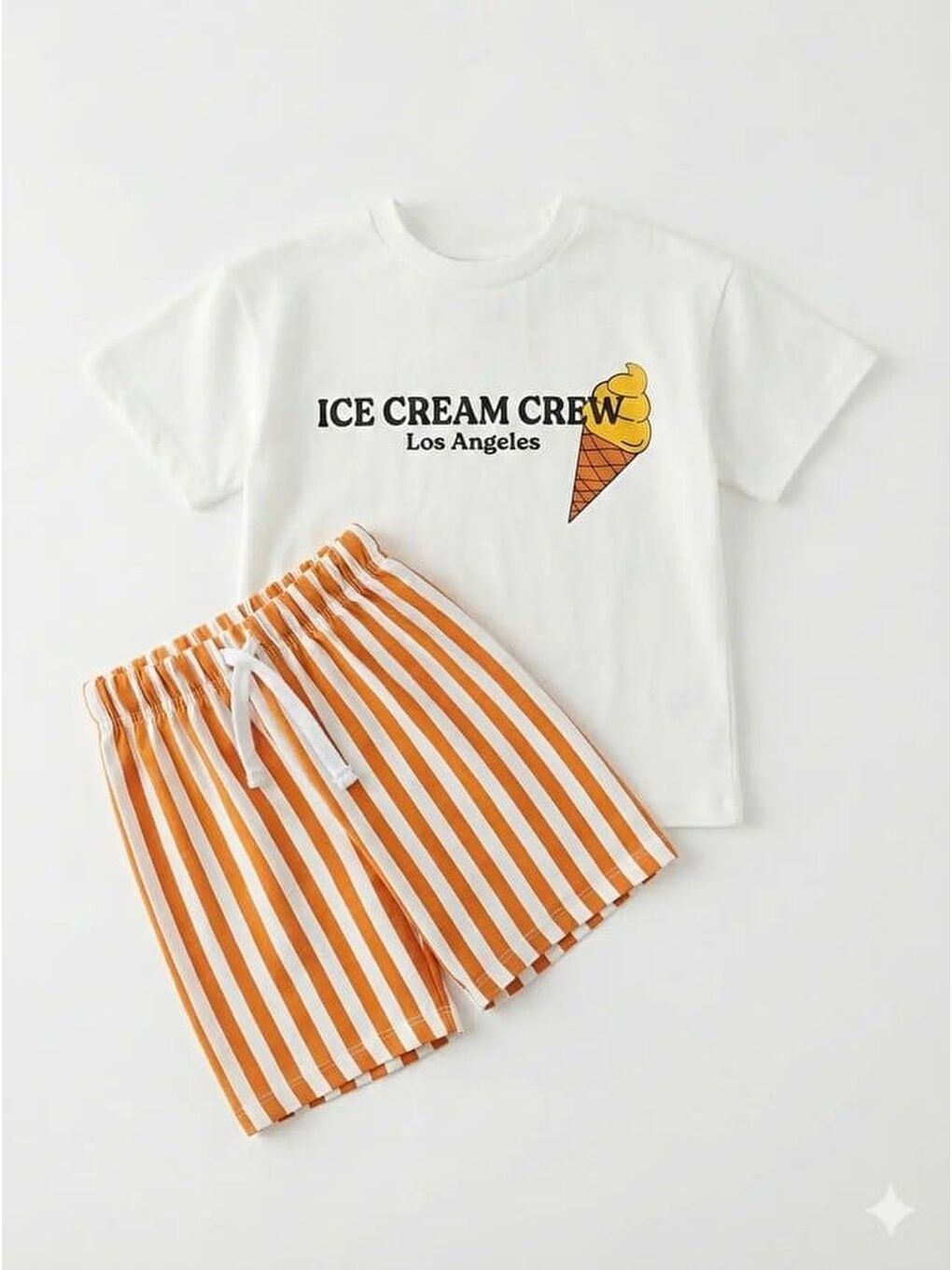 Karışık Unisex Çocuk Pamuklu Beyaz Dondurma Baskılı T-Shirt Ve Çizgili Şort Takım - Yazlık-2