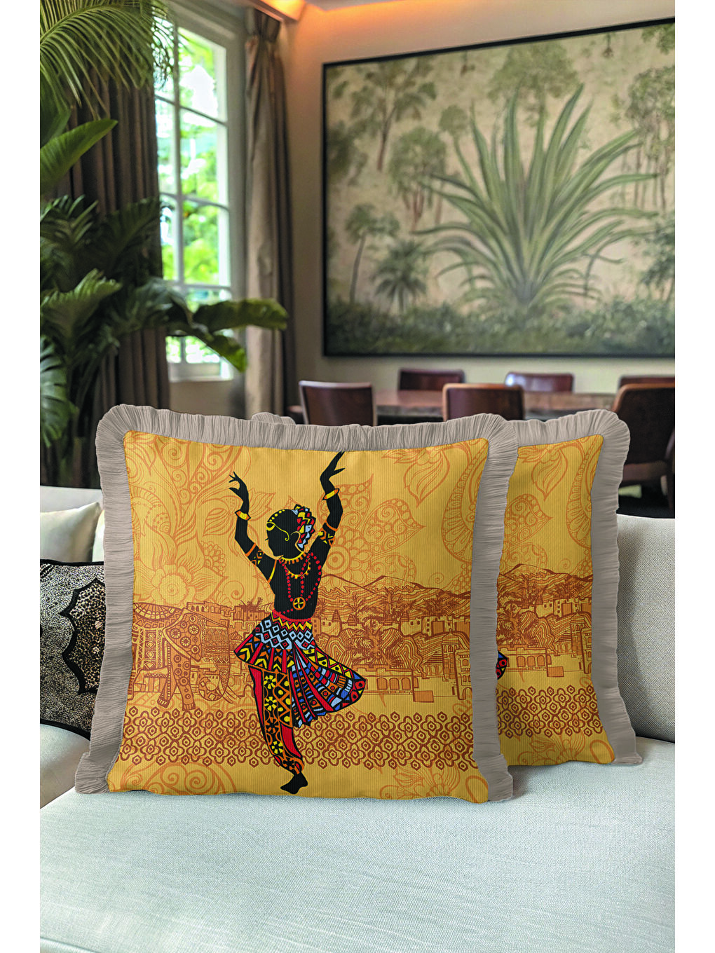 Karışık Hint Motifli Saçaklı Yastık Kılıfı - Sanatsal Bohem Altın Renkli Gri Püsküllü Kırlent Kılıfı-5