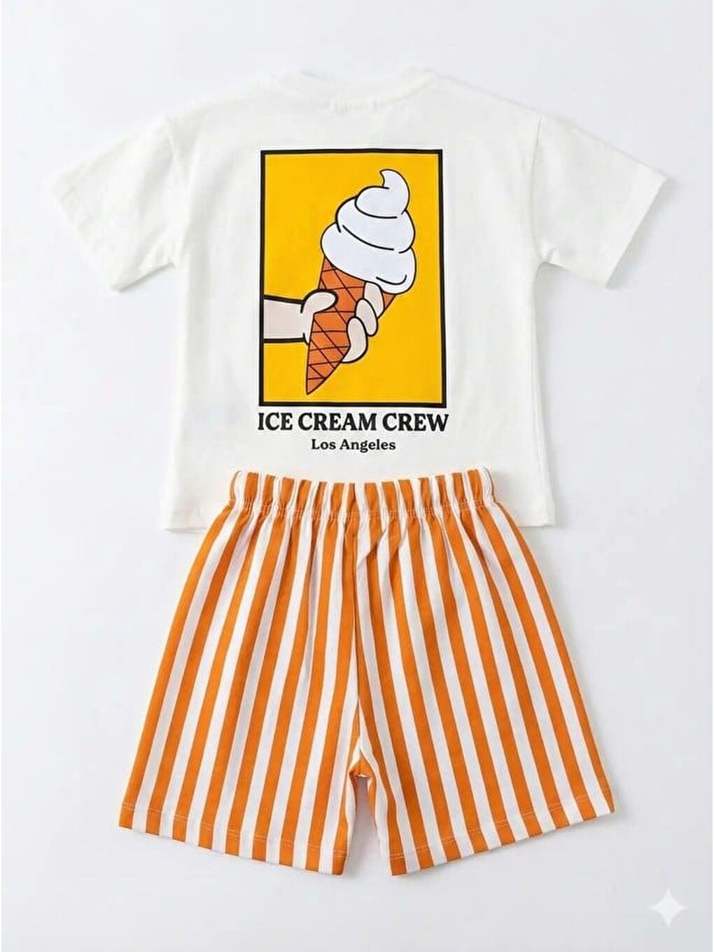 Karışık Unisex Çocuk Pamuklu Beyaz Dondurma Baskılı T-Shirt Ve Çizgili Şort Takım - Yazlık-3