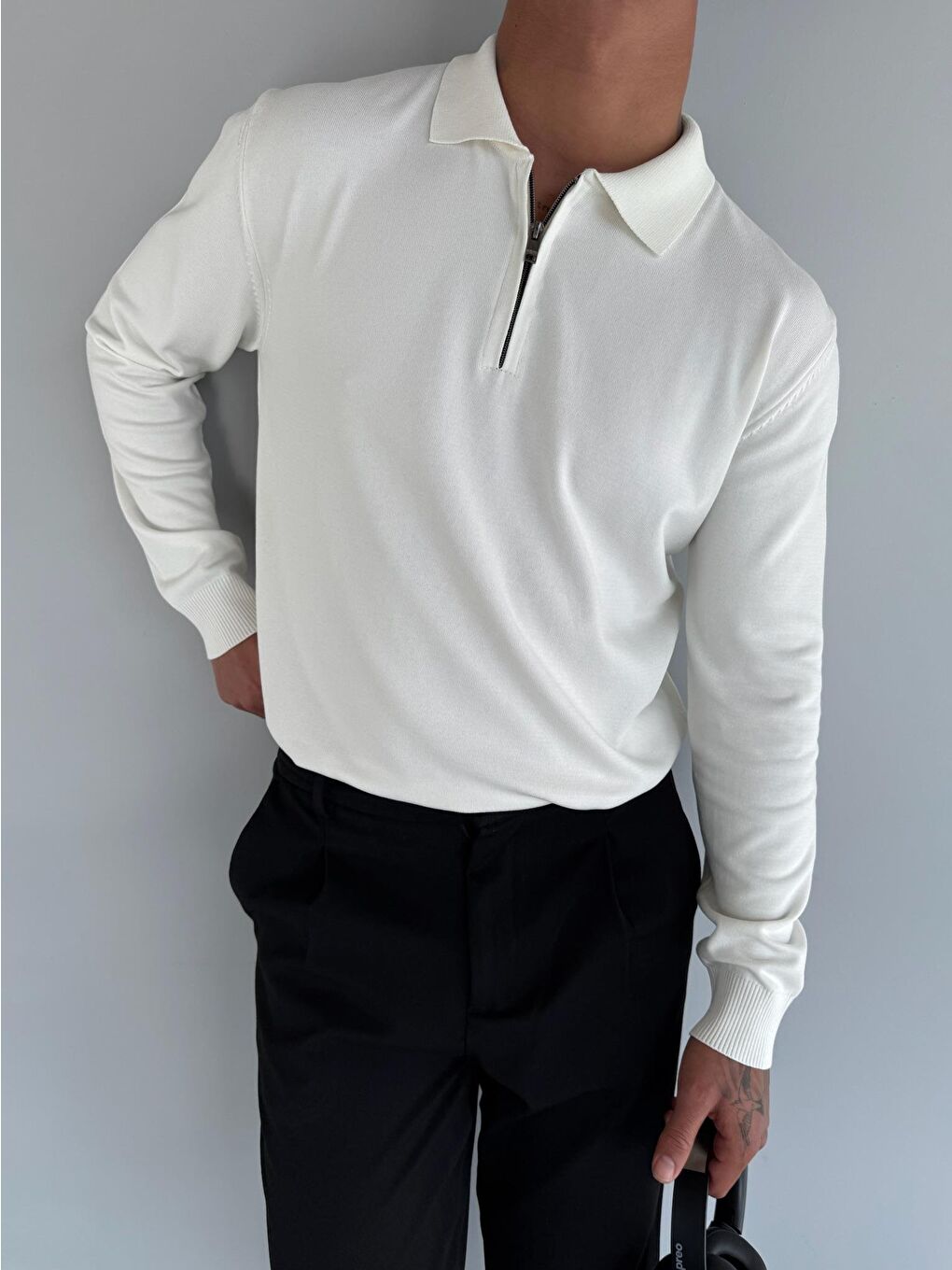 Erkek Yarım Fermuarlı Polo Yaka Triko Kazak Ekru
