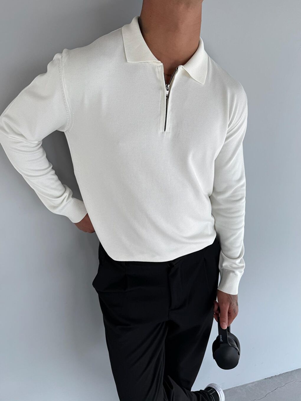 Erkek Yarım Fermuarlı Polo Yaka Triko Kazak Ekru-1