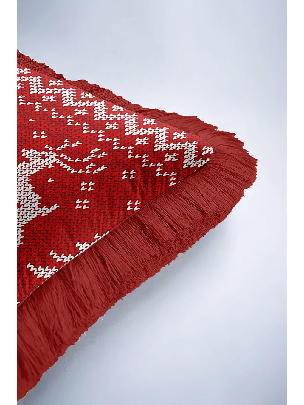 Karışık Nordik Geyikli Saçaklı Yastık Kılıfı - Kış Temalı Rustik Kırmızı Püsküllü Kırlent Kılıfı-6