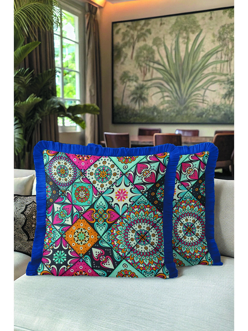 Karışık Etnik Mandala Saçaklı Yastık Kılıfı - Canlı Bohem Mavi Turuncu Püsküllü Kırlent Kılıfı-5