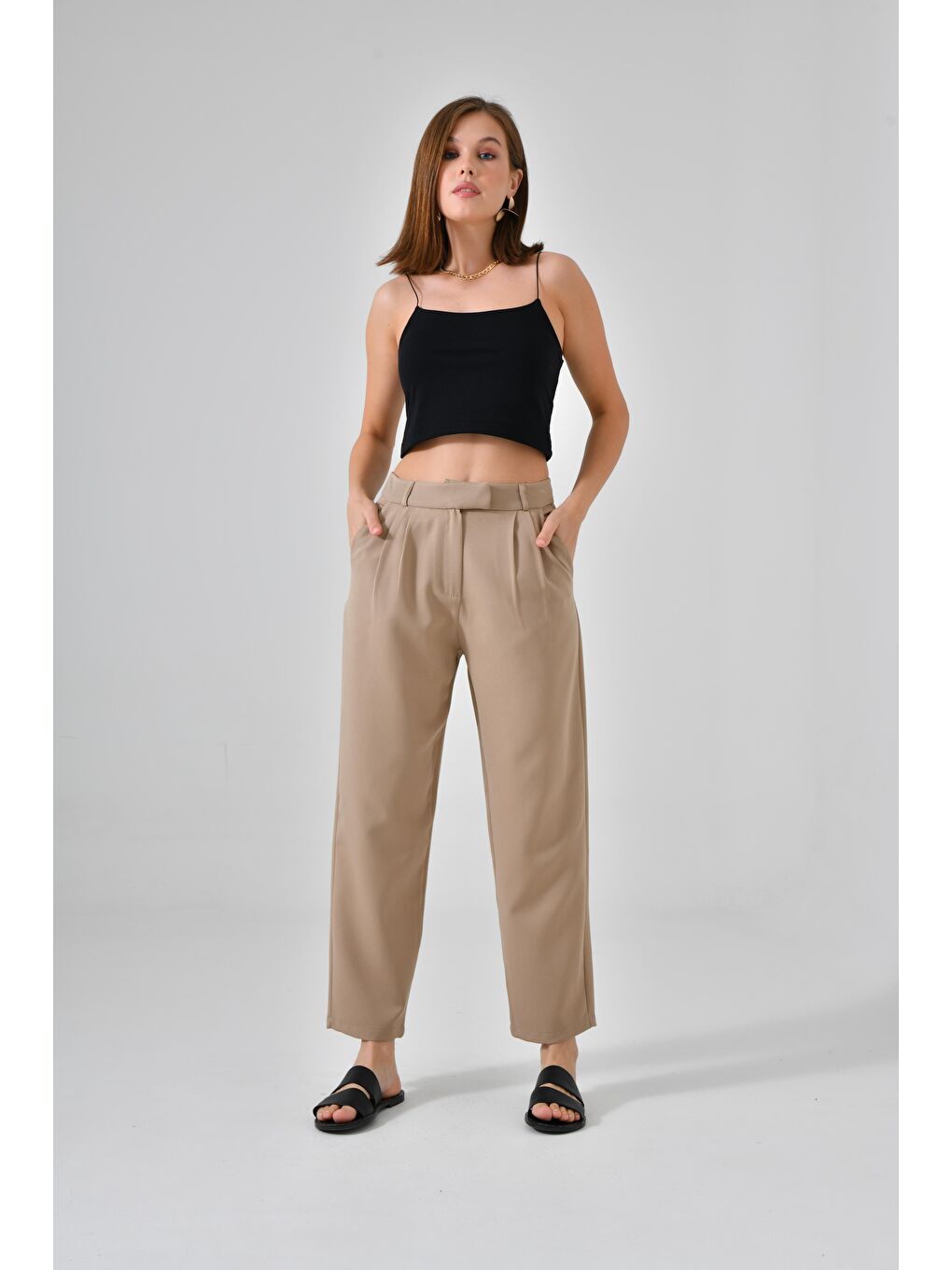 Bej Vizon Çift Pileli Regular Dokuma Pantolon-1