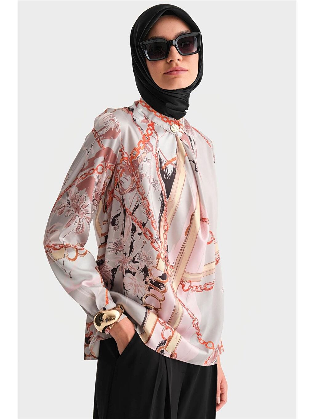 Bej Yakası Dökümlü Desenli Bluz 24K3617 Vizon-2