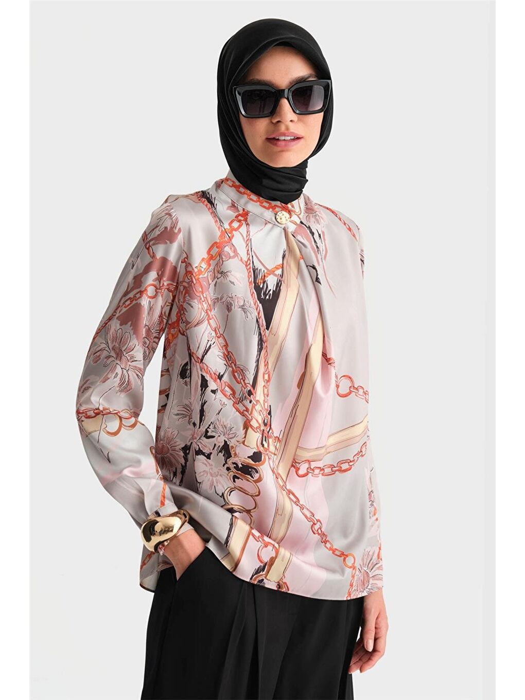 Bej Yakası Dökümlü Desenli Bluz 24K3617 Vizon-3