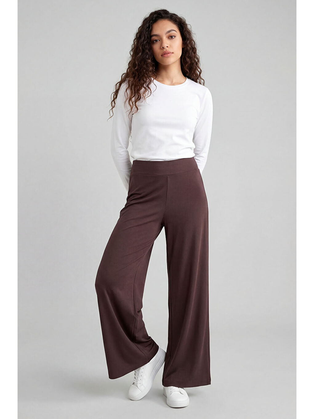 Kahverengi Comfort Fit Geniş Paça Korsajlı Palazzo Kadın Pantolon - 94681-3
