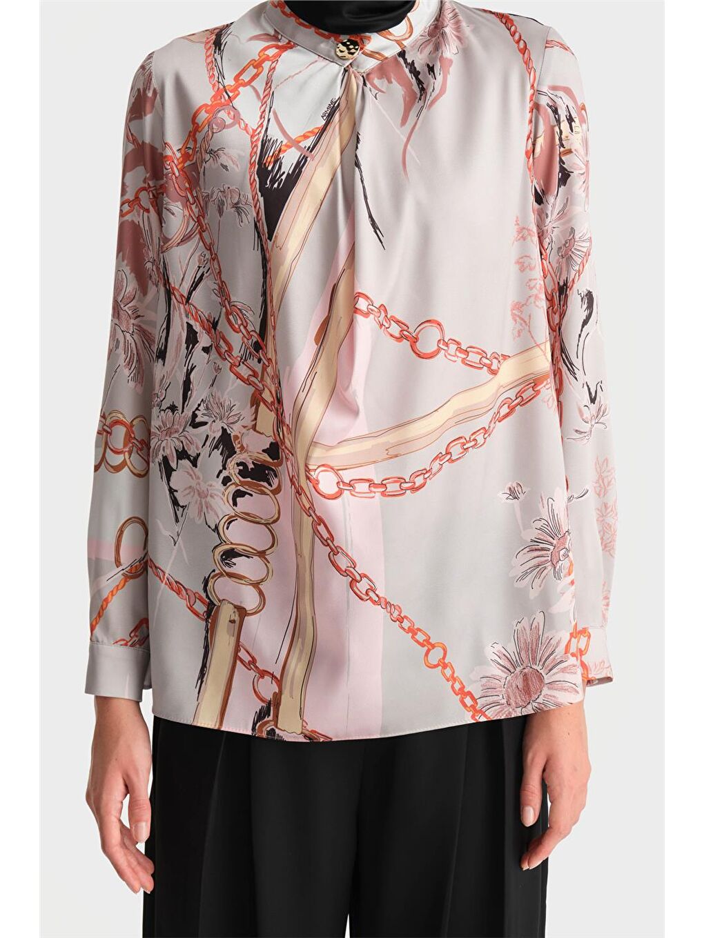 Bej Yakası Dökümlü Desenli Bluz 24K3617 Vizon-4