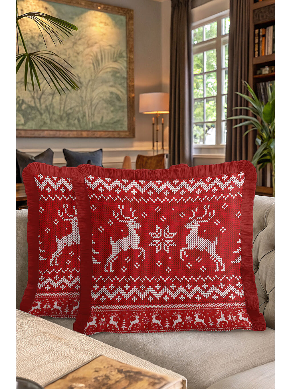 Karışık Nordik Geyikli Saçaklı Yastık Kılıfı - Kış Temalı Rustik Kırmızı Püsküllü Kırlent Kılıfı-7