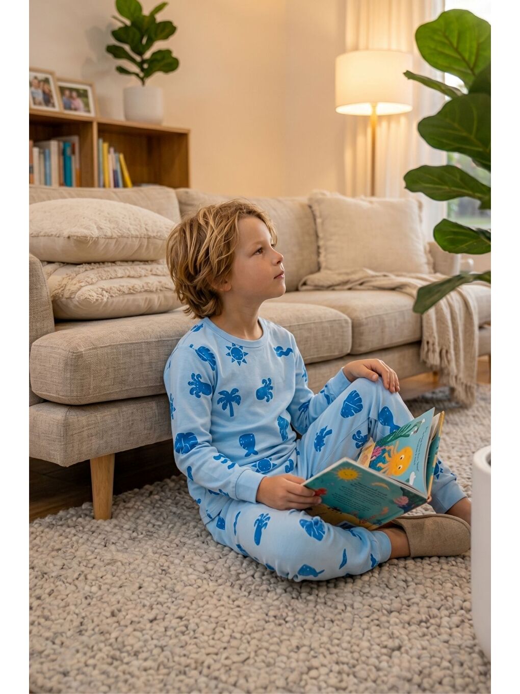 Deniz Temalı Mavi Renk %100 Pamuk Erkek Çocuk Pijama Takımı-1