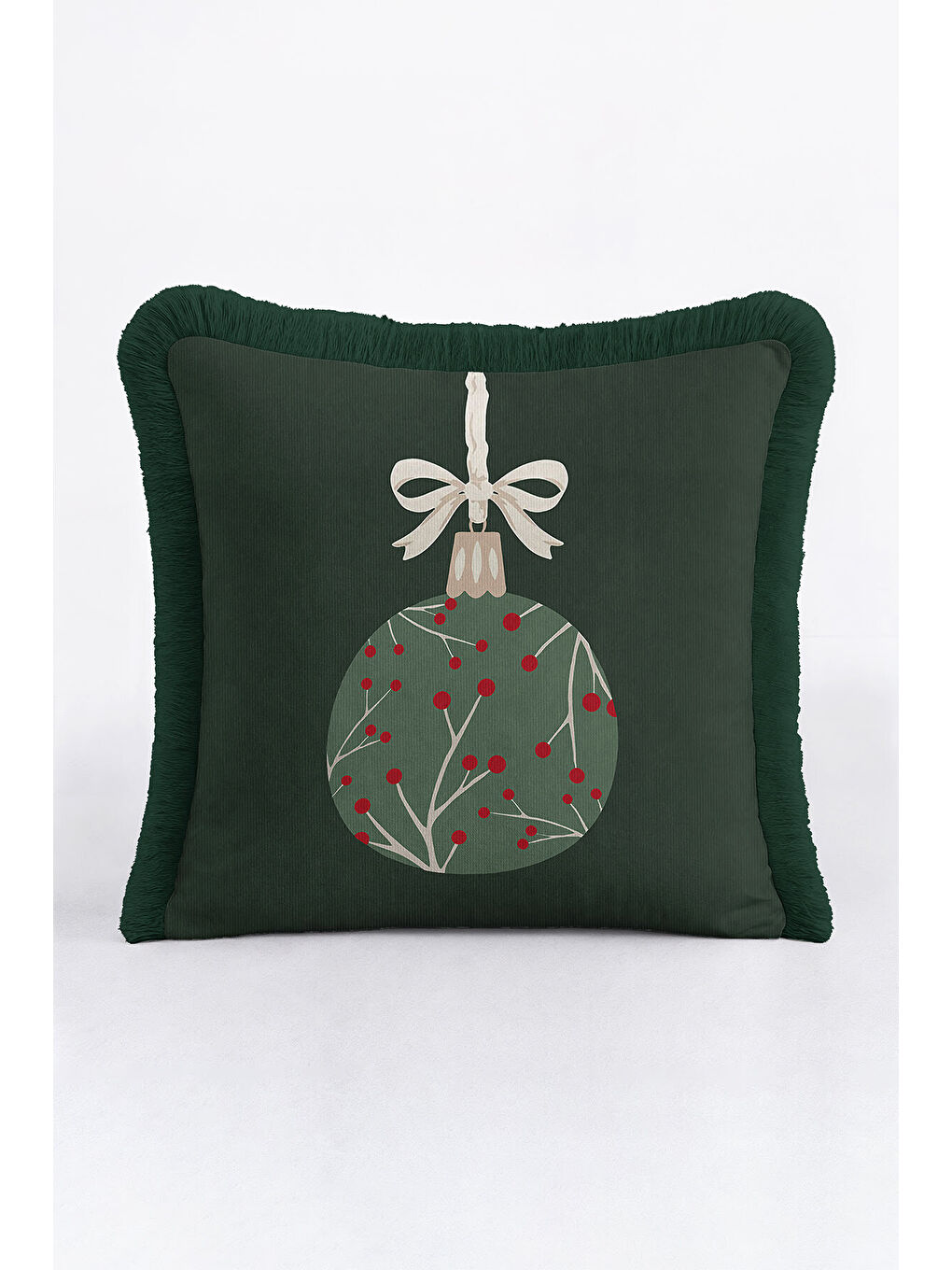 Karışık Yılbaşı Süslemeli Saçaklı Yastık Kılıfı - Çam Tema Modern Koyu Yeşil Kırmızı Püsküllü Kırlent Kılıfı-3