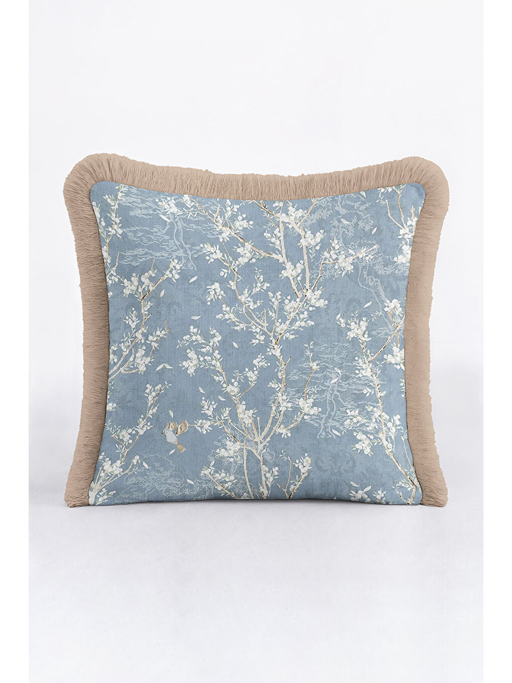 Karışık Zarif Çiçek Motifli Saçaklı Yastık Kılıfı - Doğal Mavi Klasik Pastoral Bej Püsküllü Kırlent Kılıfı-1