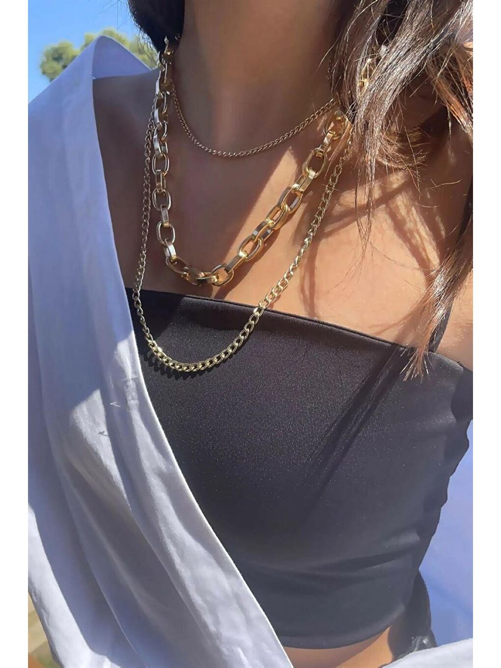 Sarı Gold 3 Sıralı Kombin Kalın Zincir Kolye