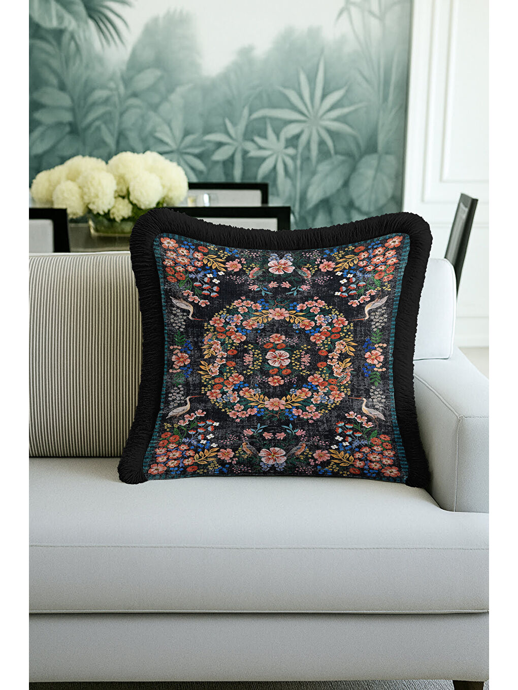 Karışık Lüks Çiçekli Saçaklı Yastık Kılıfı - Kuş Motifli Nostaljik Siyah Püsküllü Kırlent Kılıfı-4