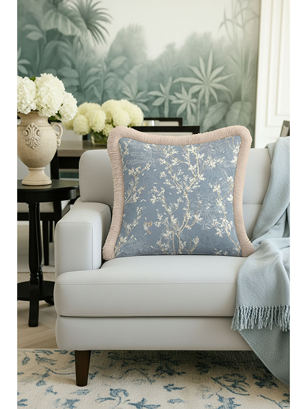 Karışık Zarif Çiçek Motifli Saçaklı Yastık Kılıfı - Doğal Mavi Klasik Pastoral Bej Püsküllü Kırlent Kılıfı-2