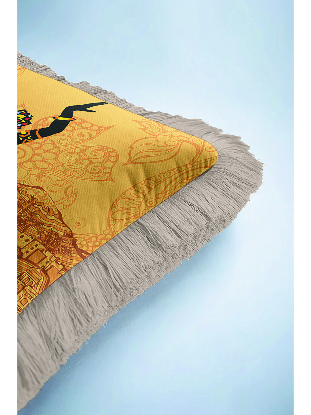 Karışık Hint Motifli Saçaklı Yastık Kılıfı - Sanatsal Bohem Altın Renkli Gri Püsküllü Kırlent Kılıfı-6