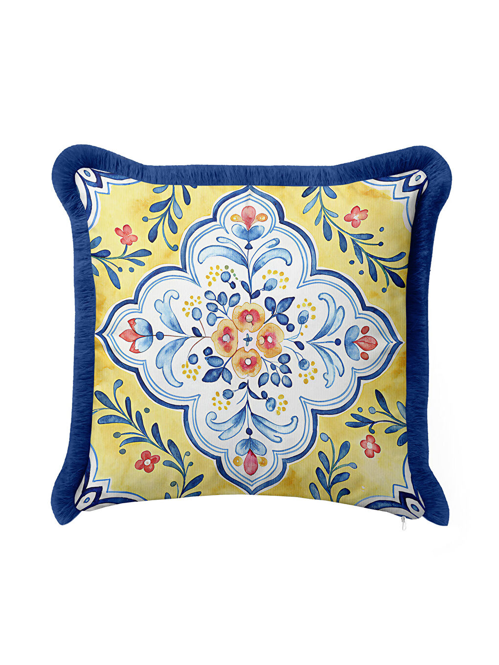 Karışık Saray Çini Motifli Saçaklı Yastık Kılıfı - Akdeniz Etnik Sarı Mavi Püsküllü Kırlent Kılıfı-1