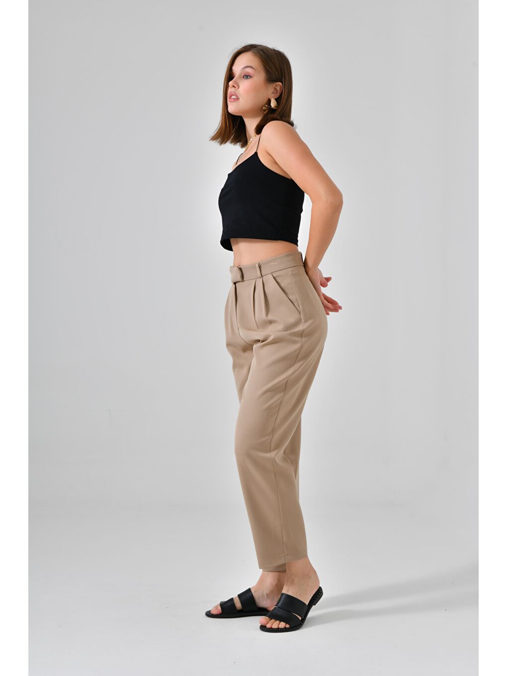 Bej Vizon Çift Pileli Regular Dokuma Pantolon-3