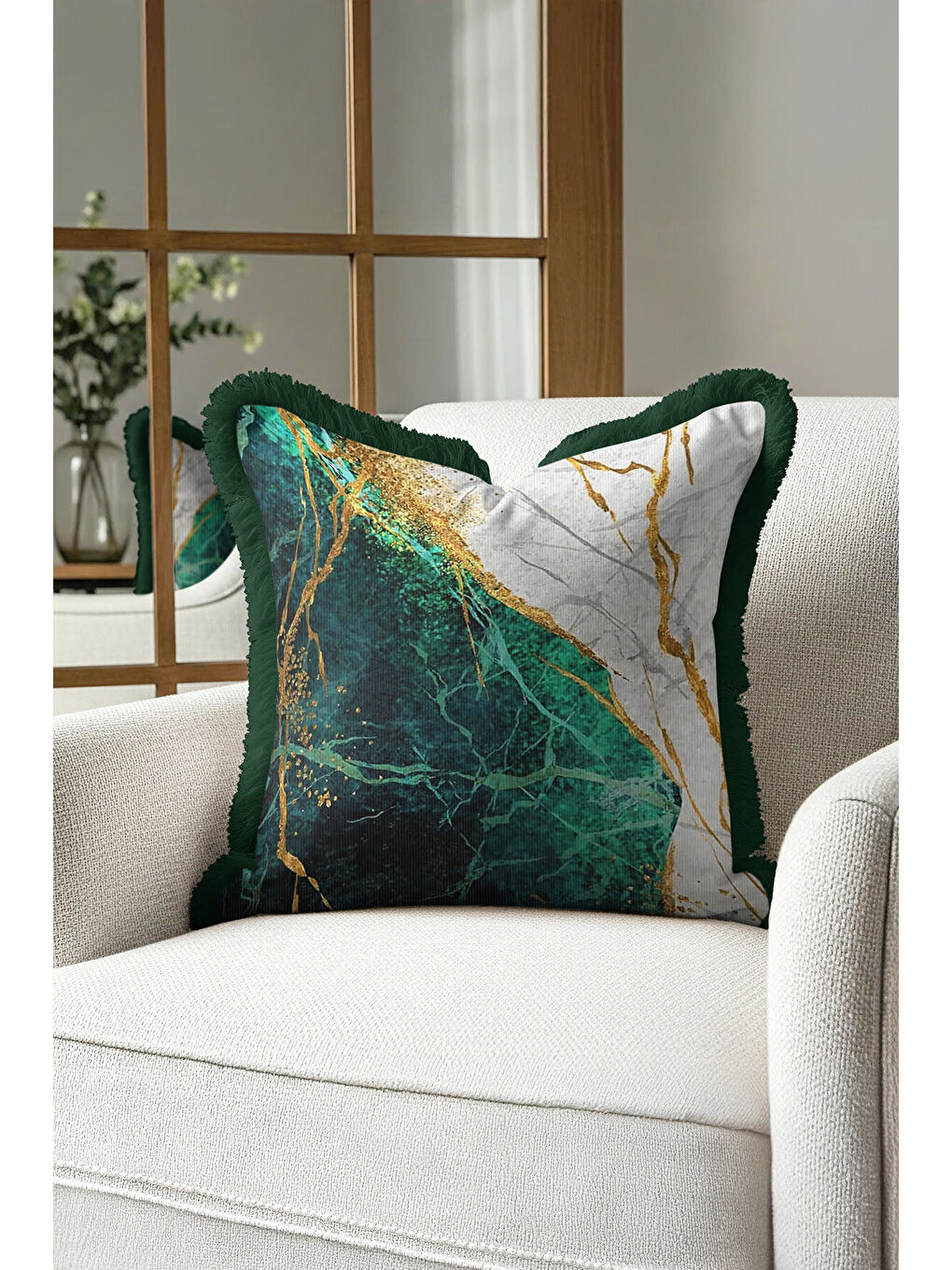 Karışık Zümrüt Mermer Işıltılı Saçaklı Yastık Kılıfı - Lüks Modern Altın Renkli Püsküllü Kırlent Kılıfı