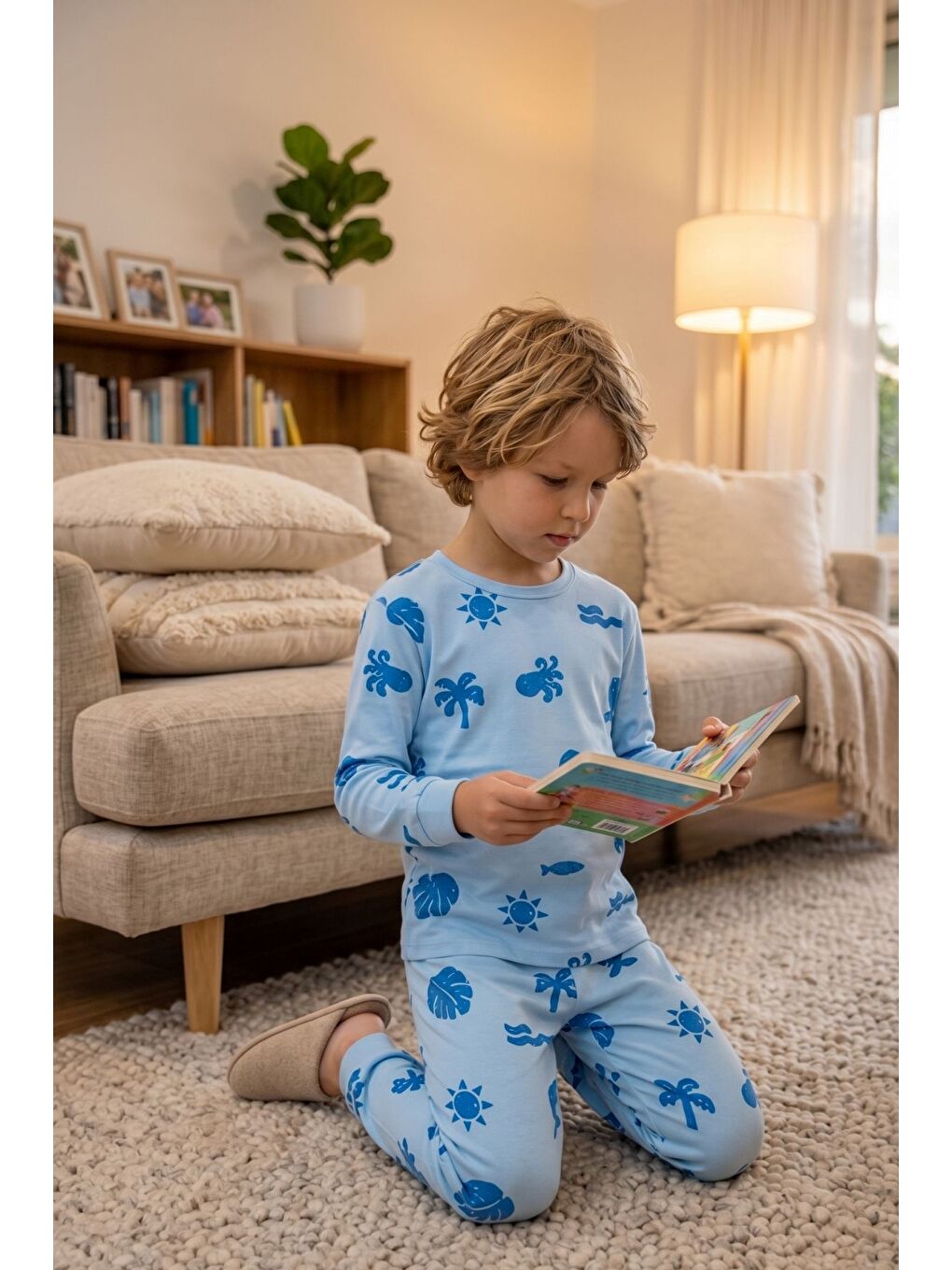 Deniz Temalı Mavi Renk %100 Pamuk Erkek Çocuk Pijama Takımı-3
