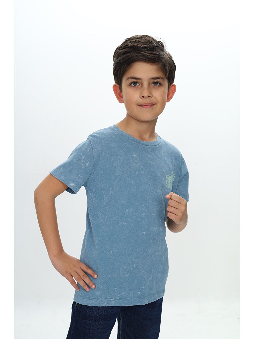 Mavi Erkek Çocuk Yıkamalı Göğsü Baskılı Tişört-1