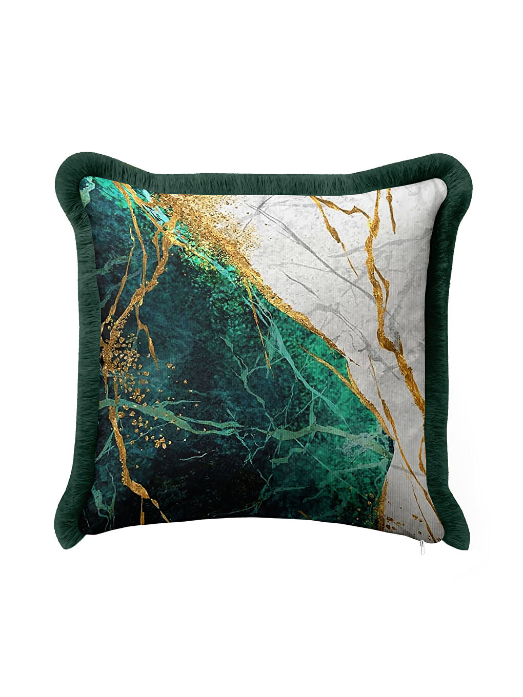 Karışık Zümrüt Mermer Işıltılı Saçaklı Yastık Kılıfı - Lüks Modern Altın Renkli Püsküllü Kırlent Kılıfı-1