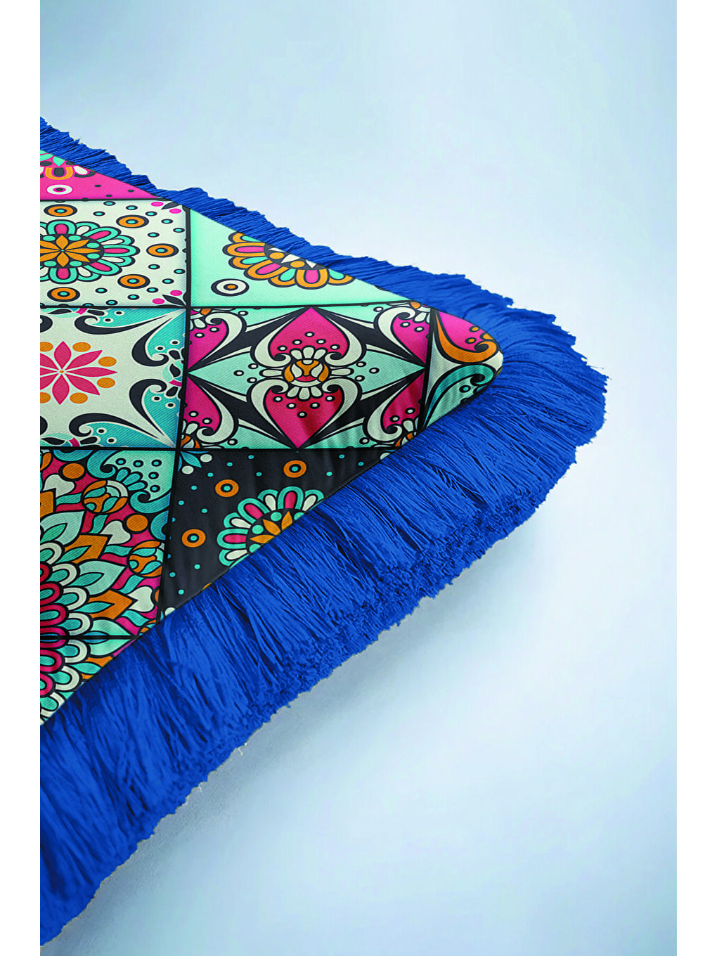 Karışık Etnik Mandala Saçaklı Yastık Kılıfı - Canlı Bohem Mavi Turuncu Püsküllü Kırlent Kılıfı-6