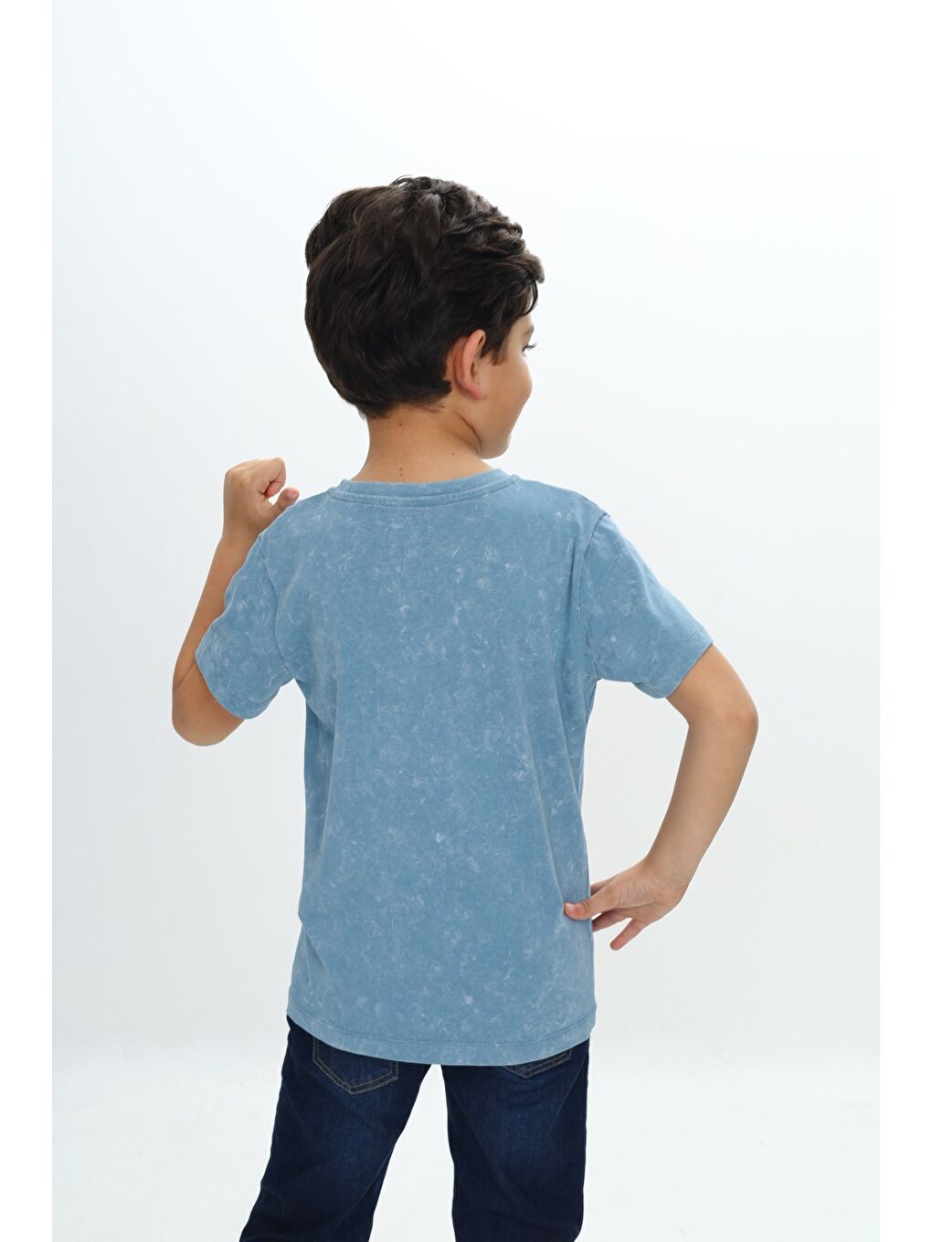Mavi Erkek Çocuk Yıkamalı Göğsü Baskılı Tişört-2