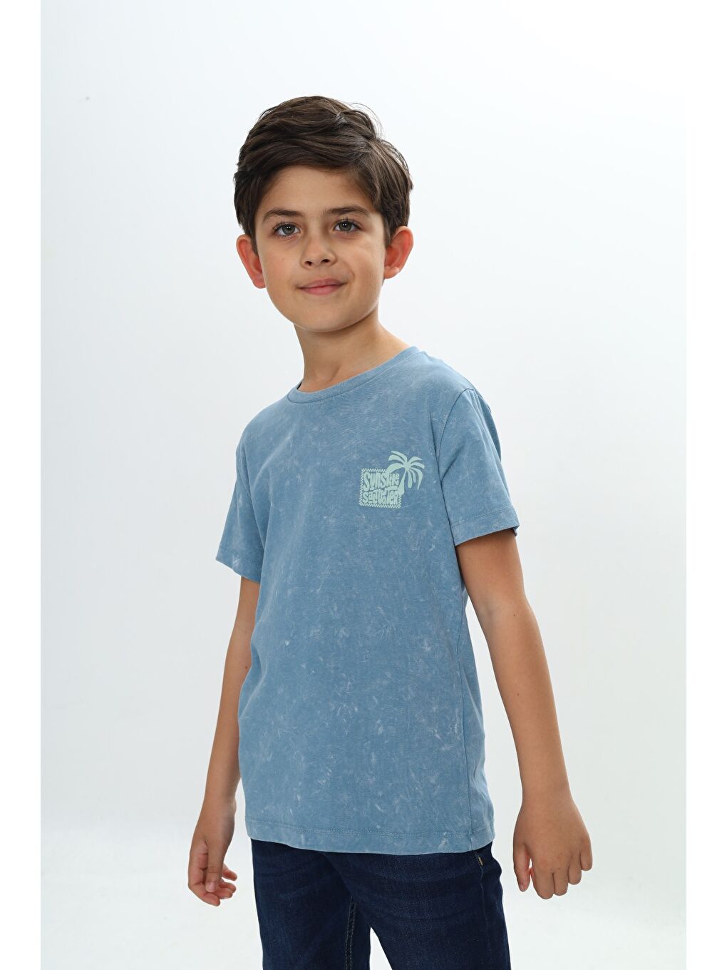 Mavi Erkek Çocuk Yıkamalı Göğsü Baskılı Tişört-3