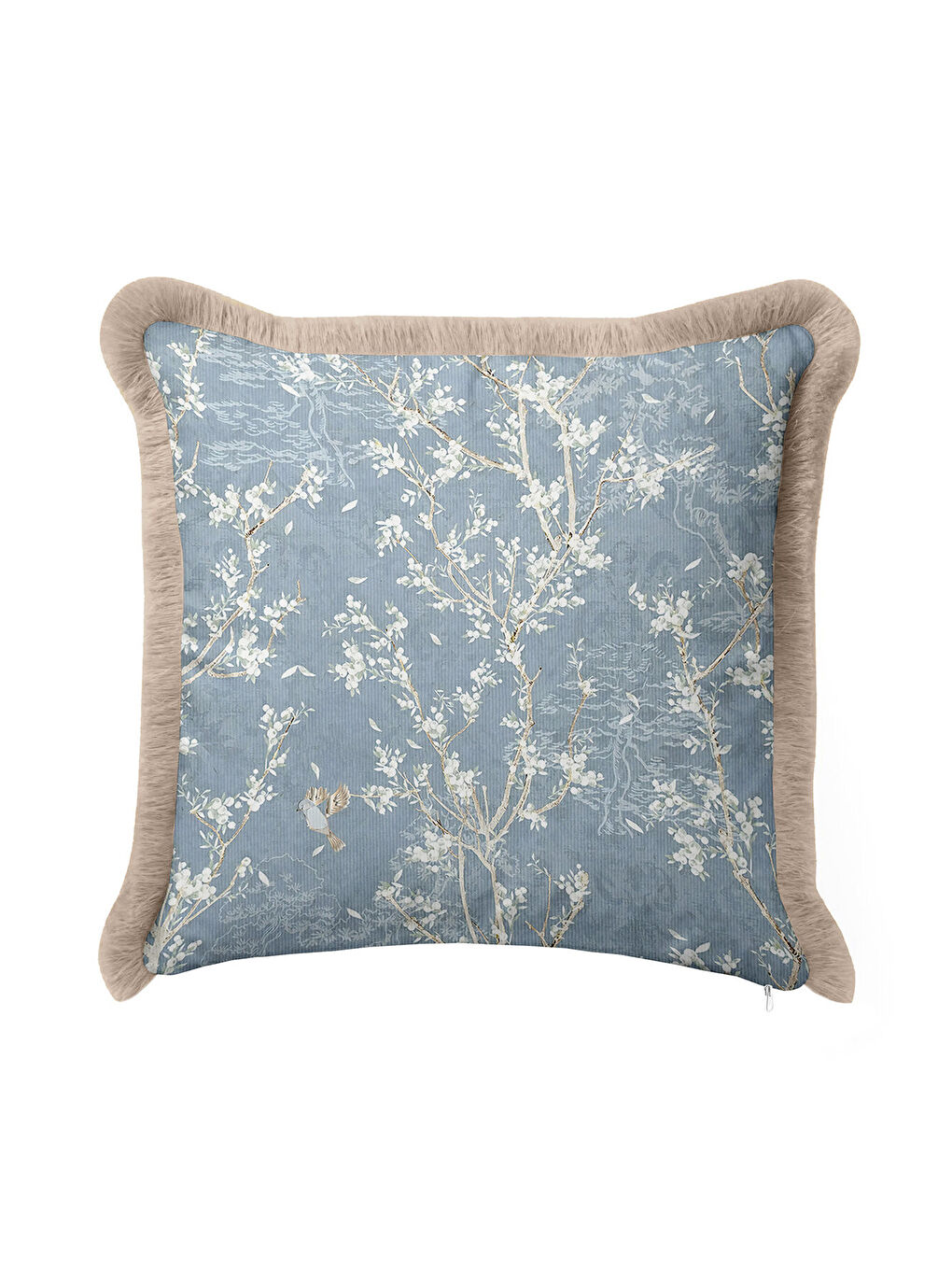 Karışık Zarif Çiçek Motifli Saçaklı Yastık Kılıfı - Doğal Mavi Klasik Pastoral Bej Püsküllü Kırlent Kılıfı-3