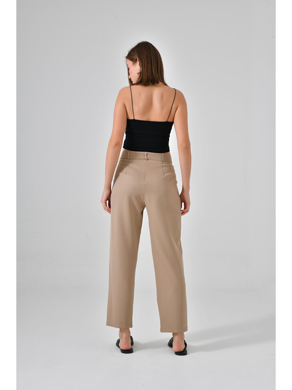 Bej Vizon Çift Pileli Regular Dokuma Pantolon-4