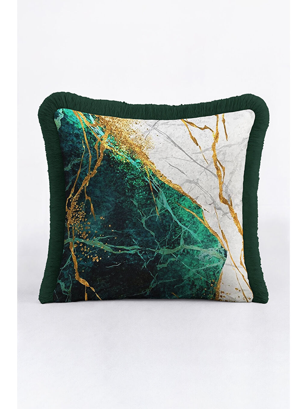Karışık Zümrüt Mermer Işıltılı Saçaklı Yastık Kılıfı - Lüks Modern Altın Renkli Püsküllü Kırlent Kılıfı-2