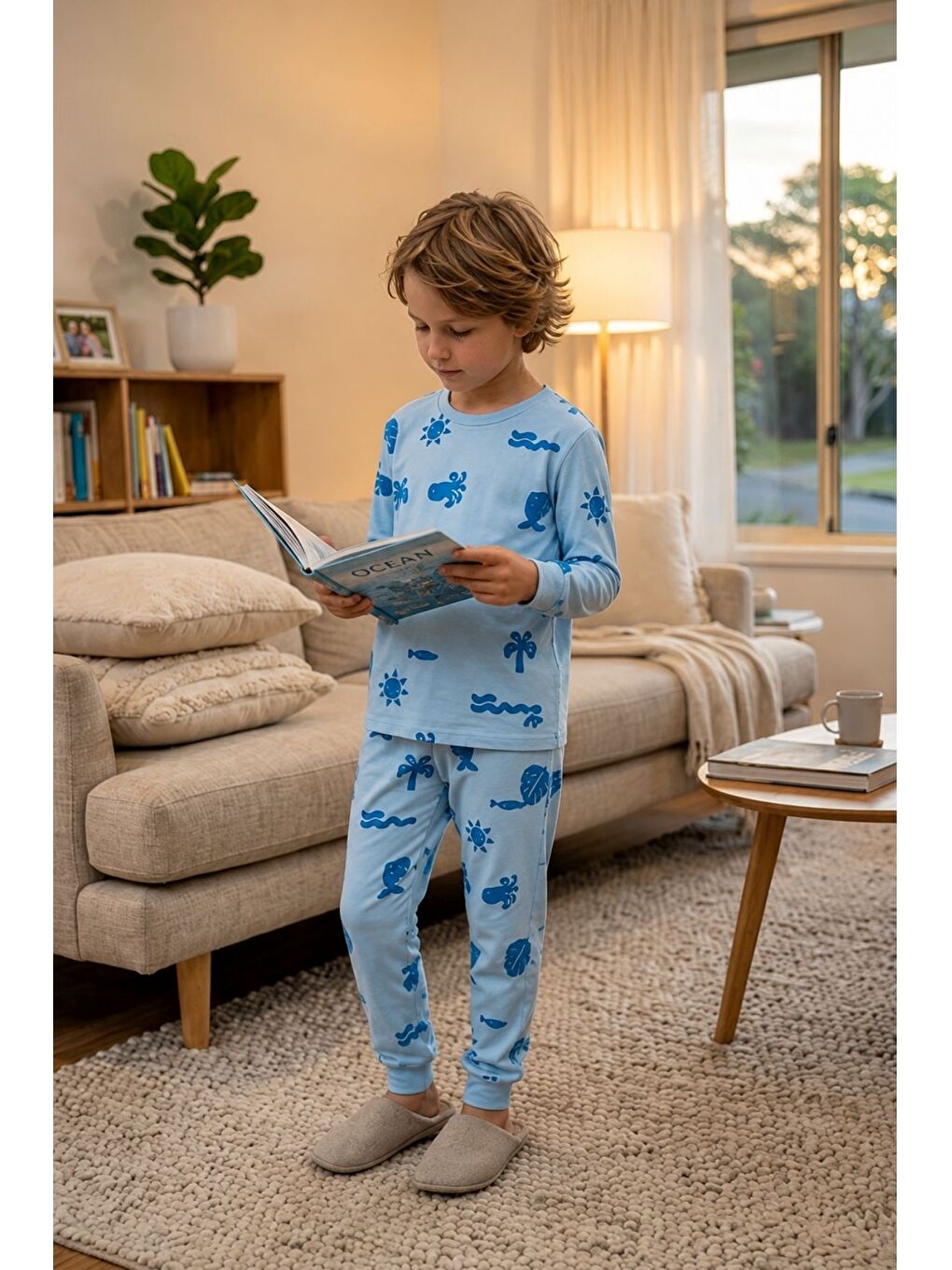 Deniz Temalı Mavi Renk %100 Pamuk Erkek Çocuk Pijama Takımı-4