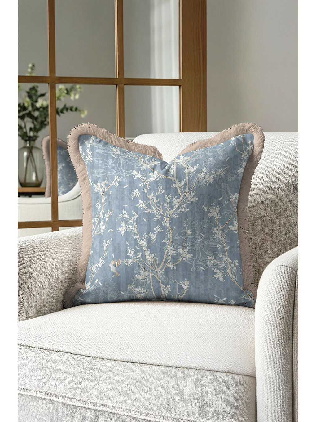 Karışık Zarif Çiçek Motifli Saçaklı Yastık Kılıfı - Doğal Mavi Klasik Pastoral Bej Püsküllü Kırlent Kılıfı-4