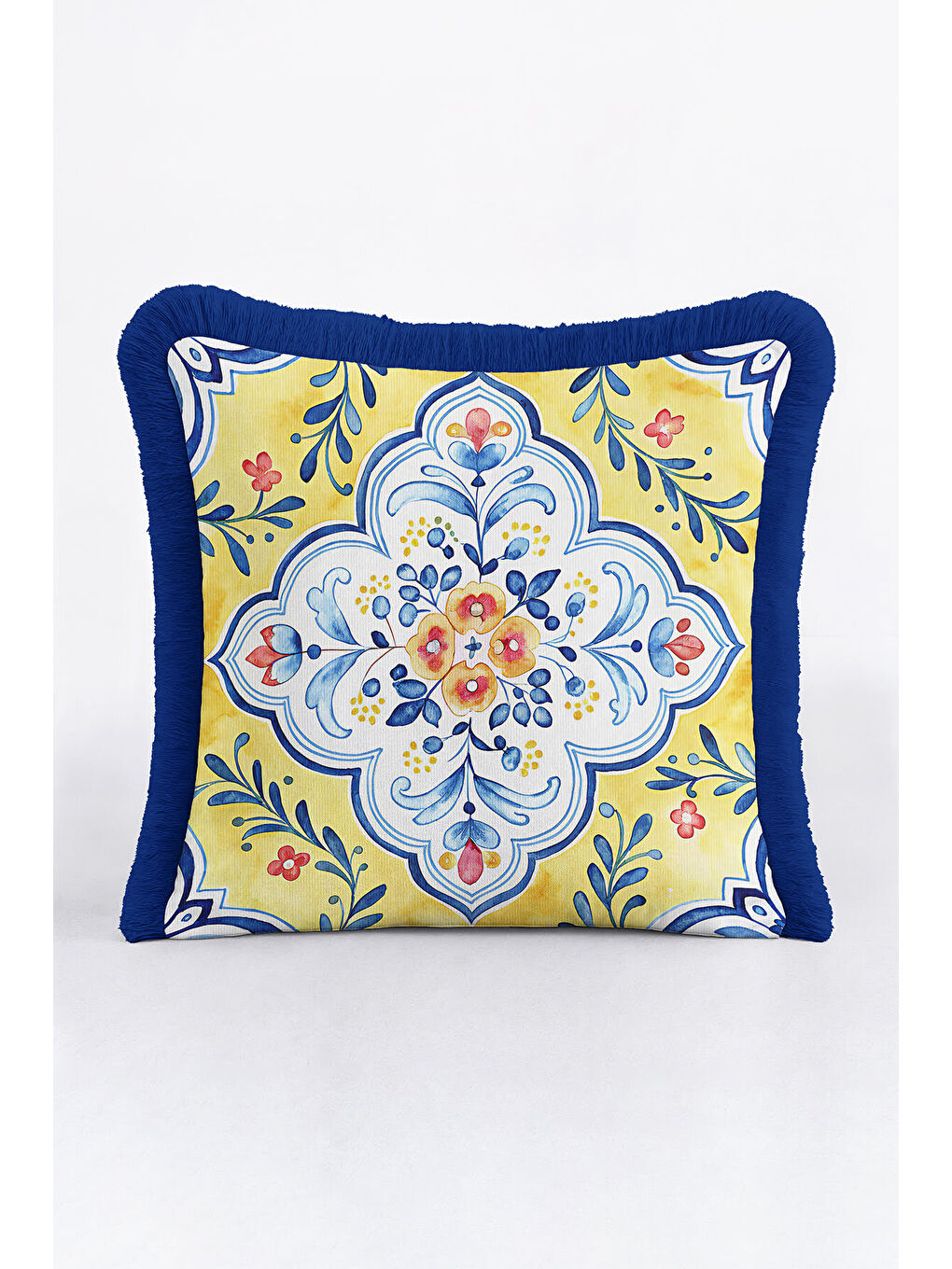 Karışık Saray Çini Motifli Saçaklı Yastık Kılıfı - Akdeniz Etnik Sarı Mavi Püsküllü Kırlent Kılıfı-2