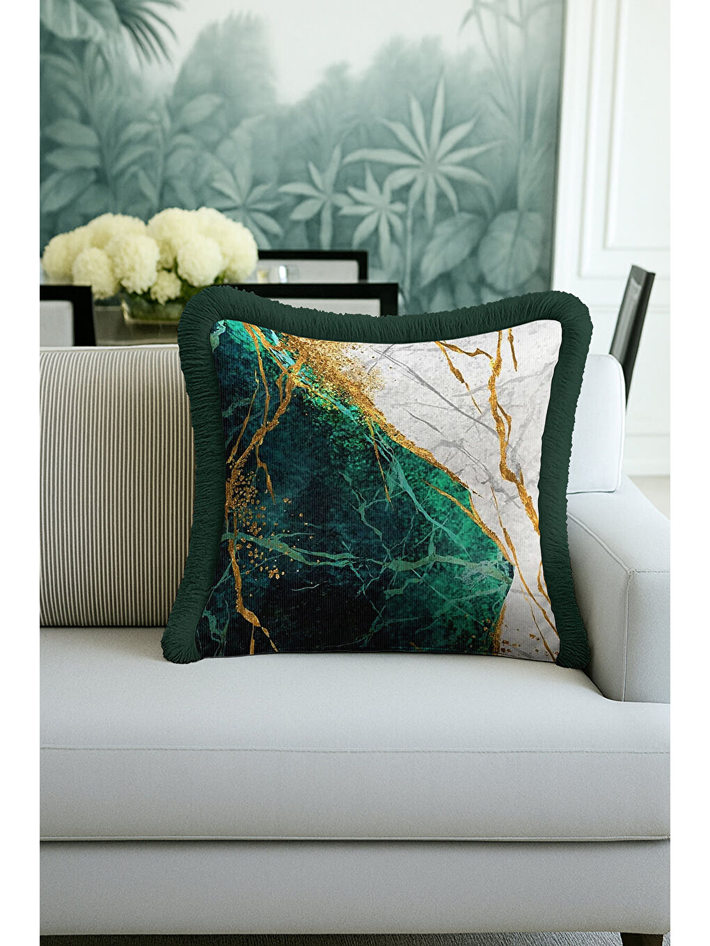 Karışık Zümrüt Mermer Işıltılı Saçaklı Yastık Kılıfı - Lüks Modern Altın Renkli Püsküllü Kırlent Kılıfı-3