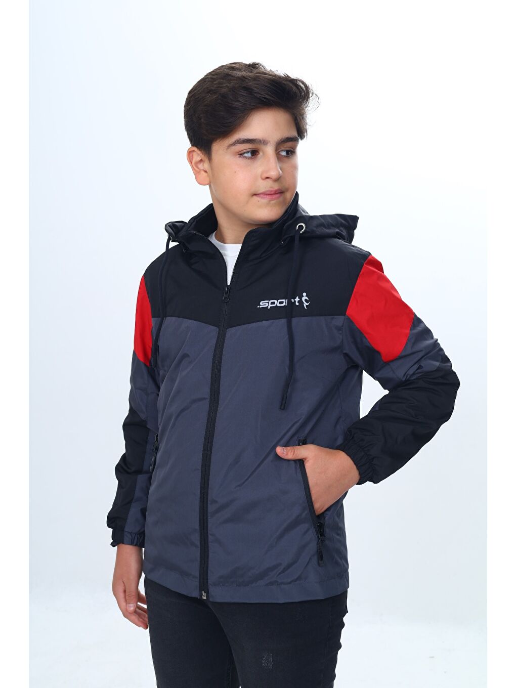 Antrasit Erkek Çocuk Sport Baskılı Kapüşonlu Yağmurluk-1