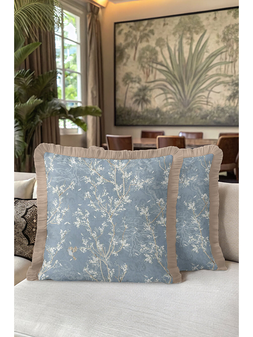 Karışık Zarif Çiçek Motifli Saçaklı Yastık Kılıfı - Doğal Mavi Klasik Pastoral Bej Püsküllü Kırlent Kılıfı-5