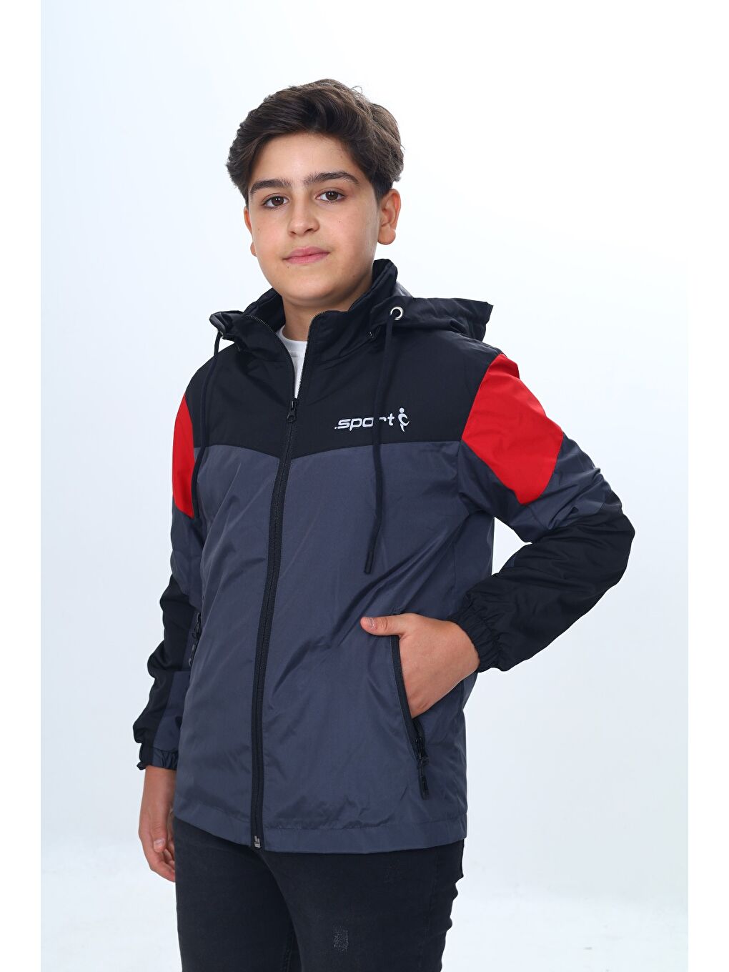 Antrasit Erkek Çocuk Sport Baskılı Kapüşonlu Yağmurluk-2