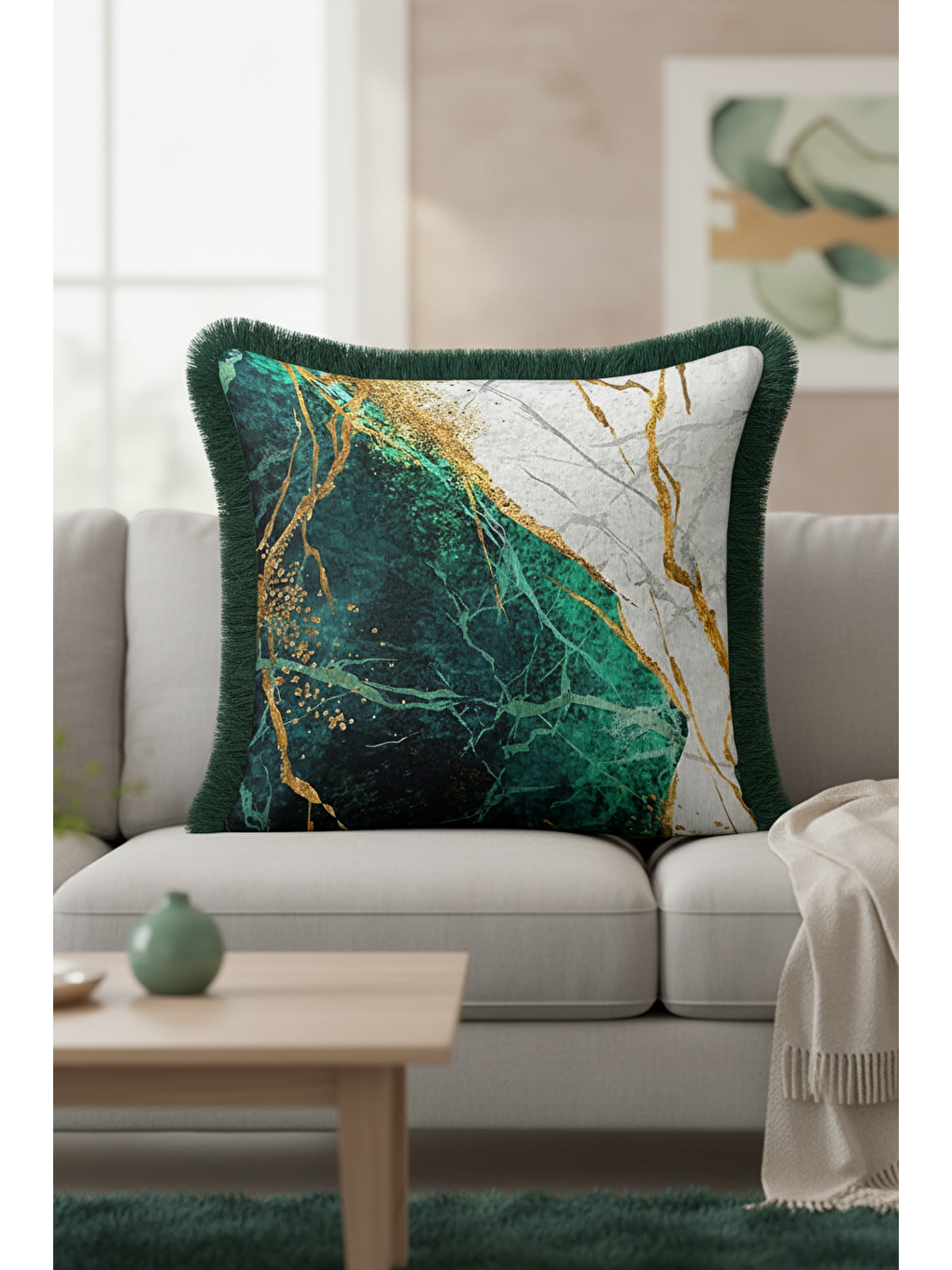 Karışık Zümrüt Mermer Işıltılı Saçaklı Yastık Kılıfı - Lüks Modern Altın Renkli Püsküllü Kırlent Kılıfı-4
