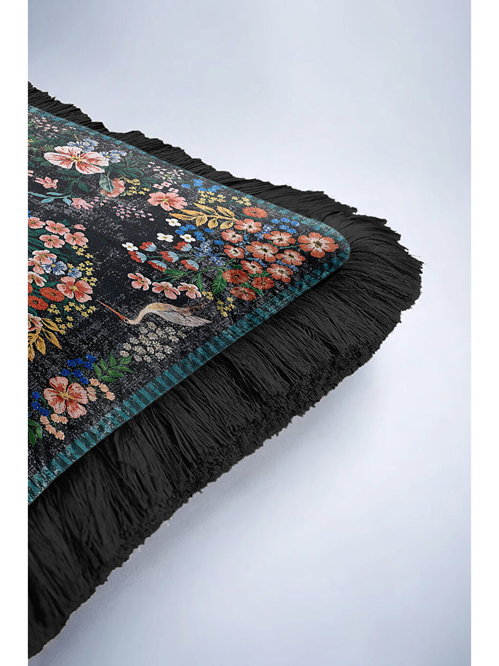 Karışık Lüks Çiçekli Saçaklı Yastık Kılıfı - Kuş Motifli Nostaljik Siyah Püsküllü Kırlent Kılıfı-6