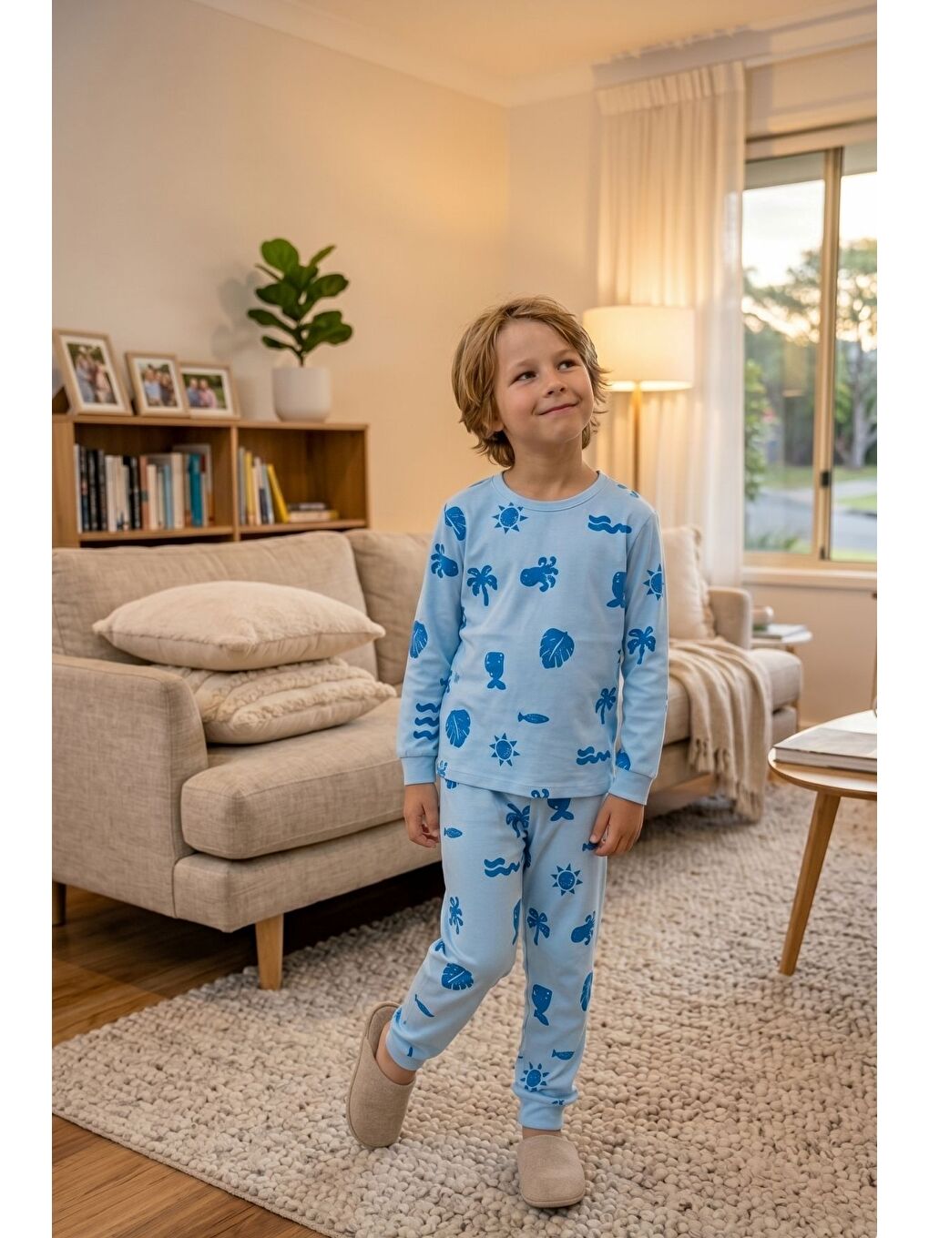 Deniz Temalı Mavi Renk %100 Pamuk Erkek Çocuk Pijama Takımı-5
