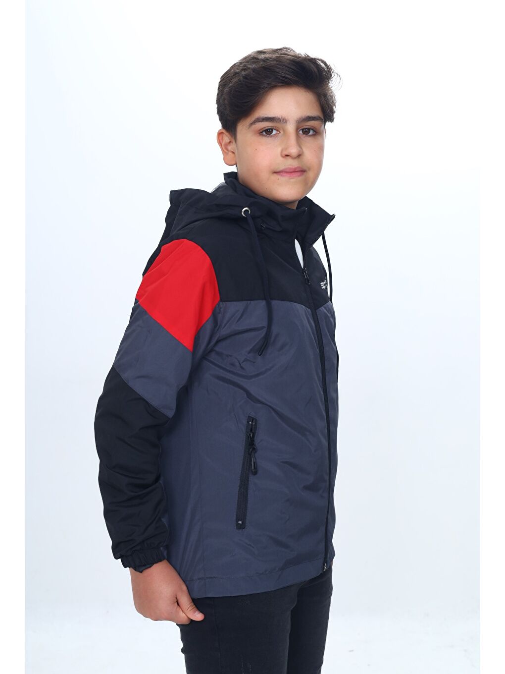 Antrasit Erkek Çocuk Sport Baskılı Kapüşonlu Yağmurluk-3
