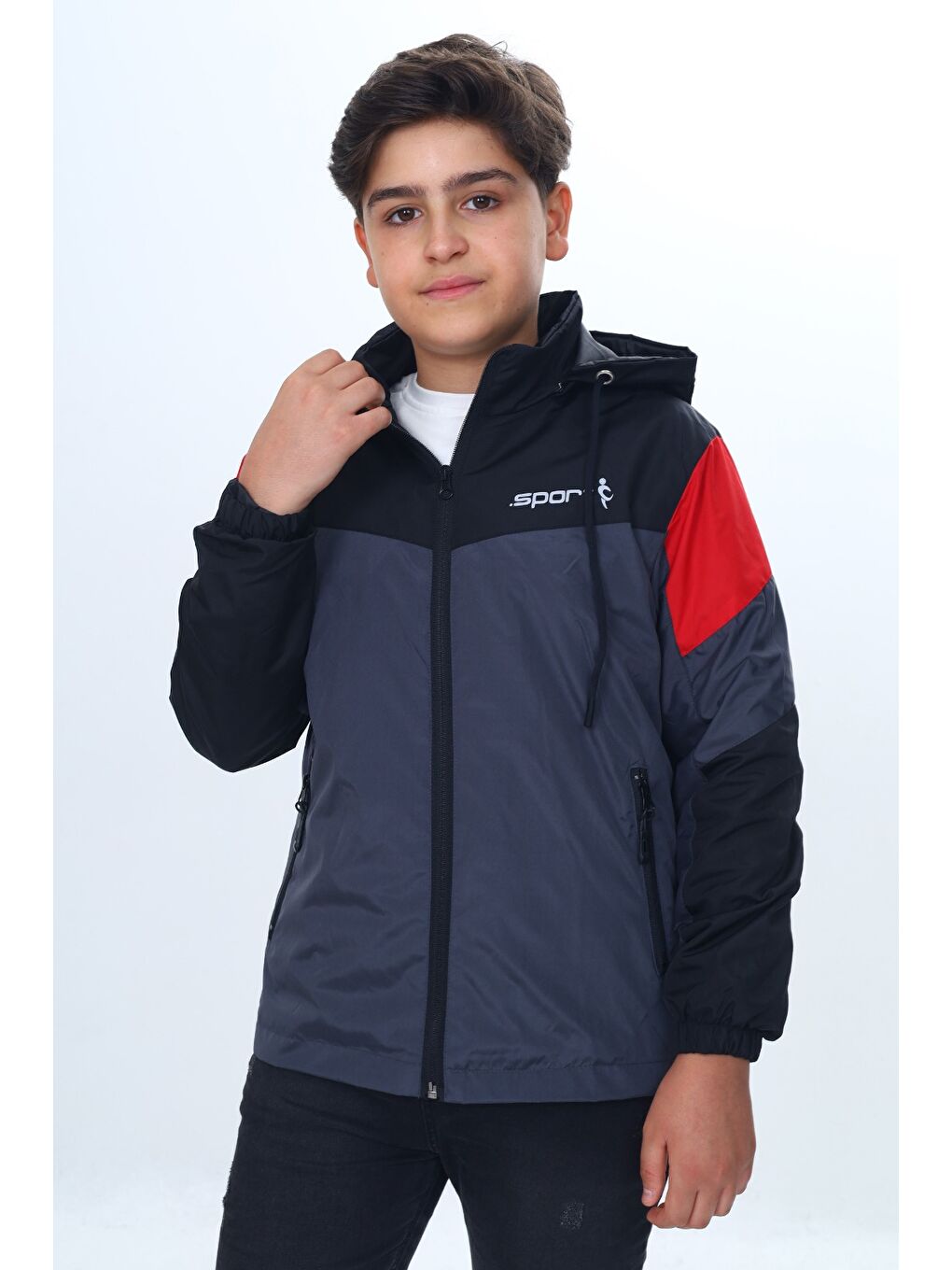 Antrasit Erkek Çocuk Sport Baskılı Kapüşonlu Yağmurluk-5