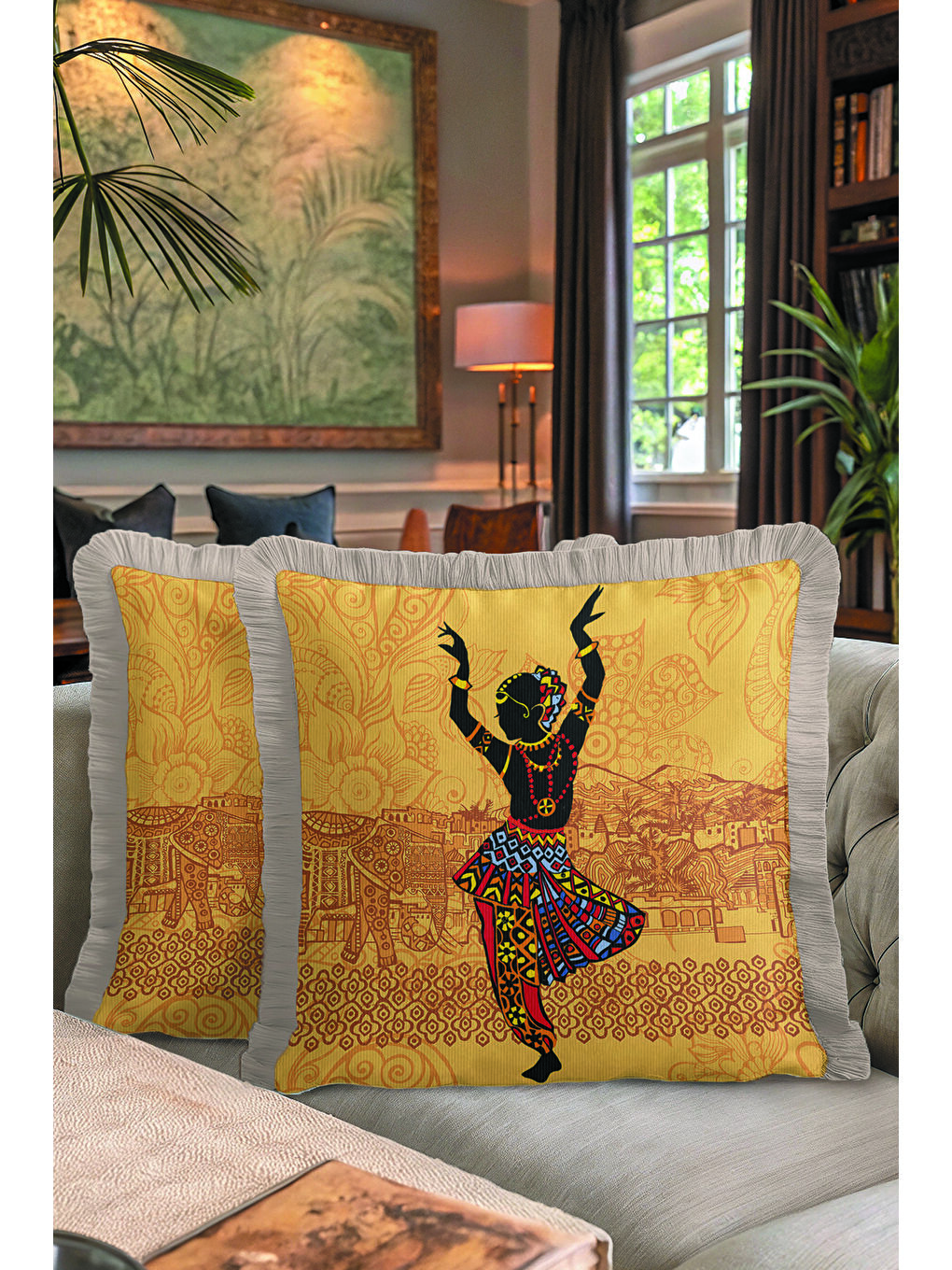 Karışık Hint Motifli Saçaklı Yastık Kılıfı - Sanatsal Bohem Altın Renkli Gri Püsküllü Kırlent Kılıfı-7