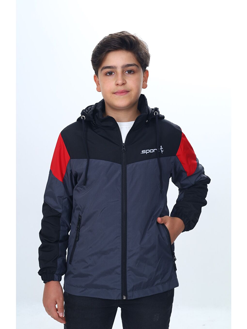 Antrasit Erkek Çocuk Sport Baskılı Kapüşonlu Yağmurluk-6
