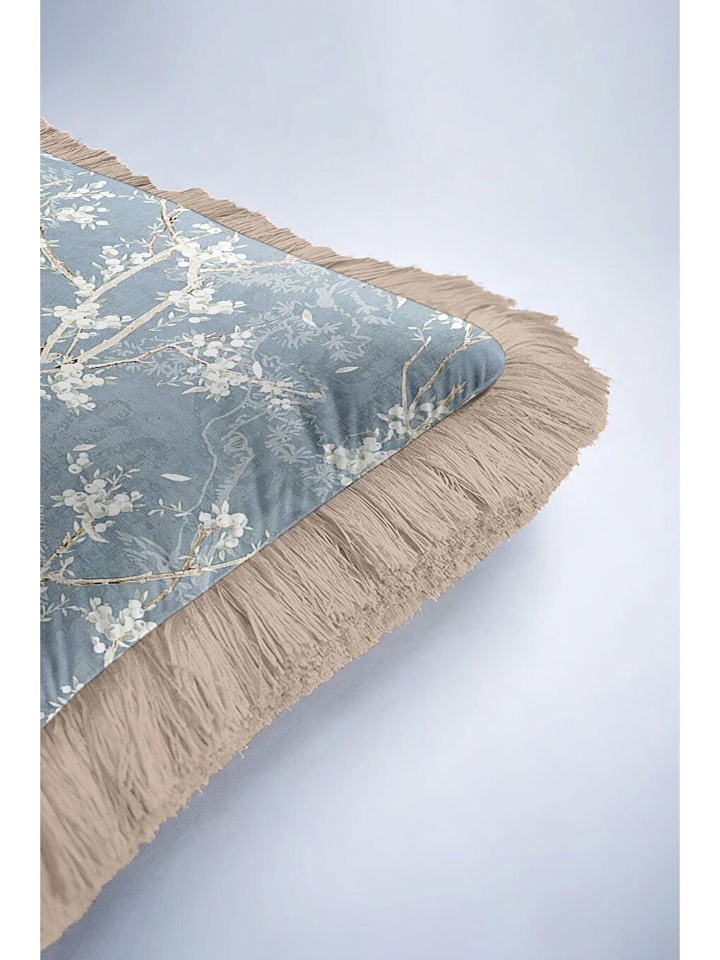 Karışık Zarif Çiçek Motifli Saçaklı Yastık Kılıfı - Doğal Mavi Klasik Pastoral Bej Püsküllü Kırlent Kılıfı-6