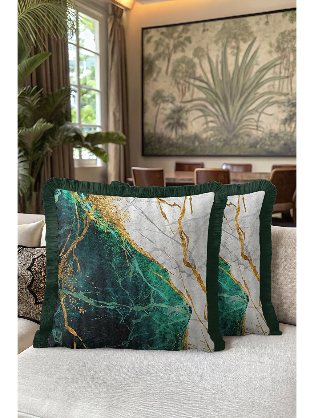 Karışık Zümrüt Mermer Işıltılı Saçaklı Yastık Kılıfı - Lüks Modern Altın Renkli Püsküllü Kırlent Kılıfı-5