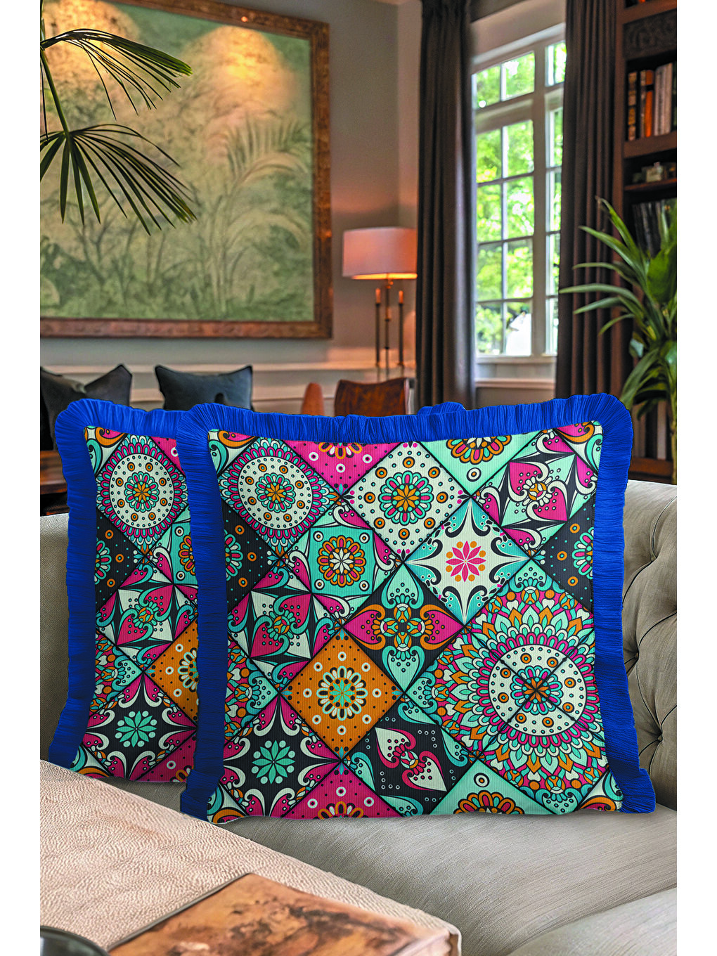 Karışık Etnik Mandala Saçaklı Yastık Kılıfı - Canlı Bohem Mavi Turuncu Püsküllü Kırlent Kılıfı-7